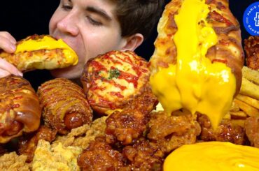ASMR MUKBANG EXTRA CRISPY FRIED CHICKEN GOURMET HOT DOGS BAKERY BREAD & FRIES | WITH CHEESE