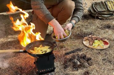 Cooking french fries & breaded chicken legs on a camp stove. Tarp tent camping.