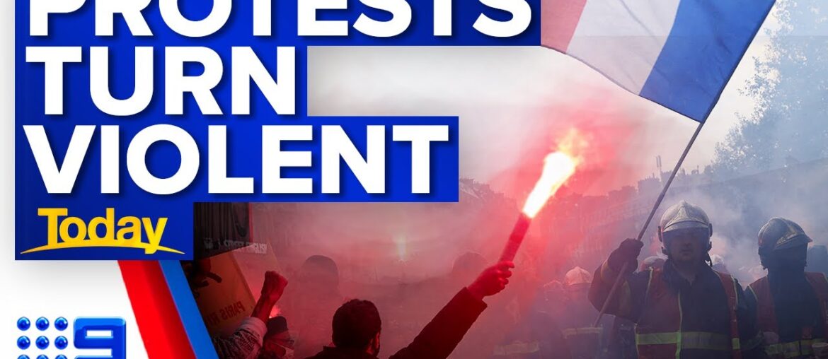 Violence erupts on May Day pension protests in France | 9 News Australia Violence erupts on May Day pension protests in France | 9 News Australia