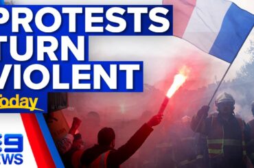 Violence erupts on May Day pension protests in France | 9 News Australia
