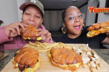 EATING GIANT HOT LINK BREAKFAST CROISSANTS MUKBANG