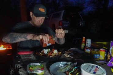 Solo Truck Camping: Cooking Spicy Pork Rind Campfire Nachos