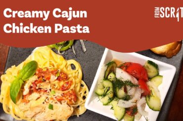 Creamy Cajun Chicken Pasta with Fiddle Head Ferns and Marinated Tomato & Cucumber Salad