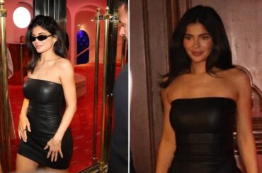 Kylie puts on a VERY leggy display in a little black leather dress as she heads to a cabaret club