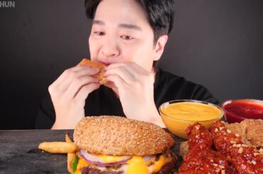 Eating delicious burgers, fried chicken, and French fries with ASMR sounds