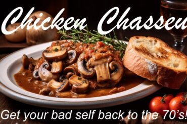 Traditional French chicken chasseur with mushrooms