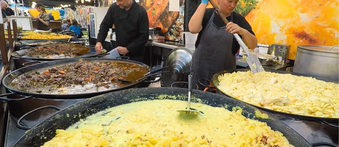 Street Food from France. Huge Pans of Beef 'Bourguignonne', 'Duck Confit', Tartiflette & more