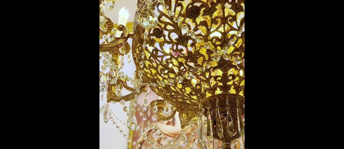 French Brass Chandelier with Crystal Chain