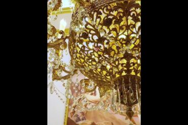 French Brass Chandelier with Crystal Chain