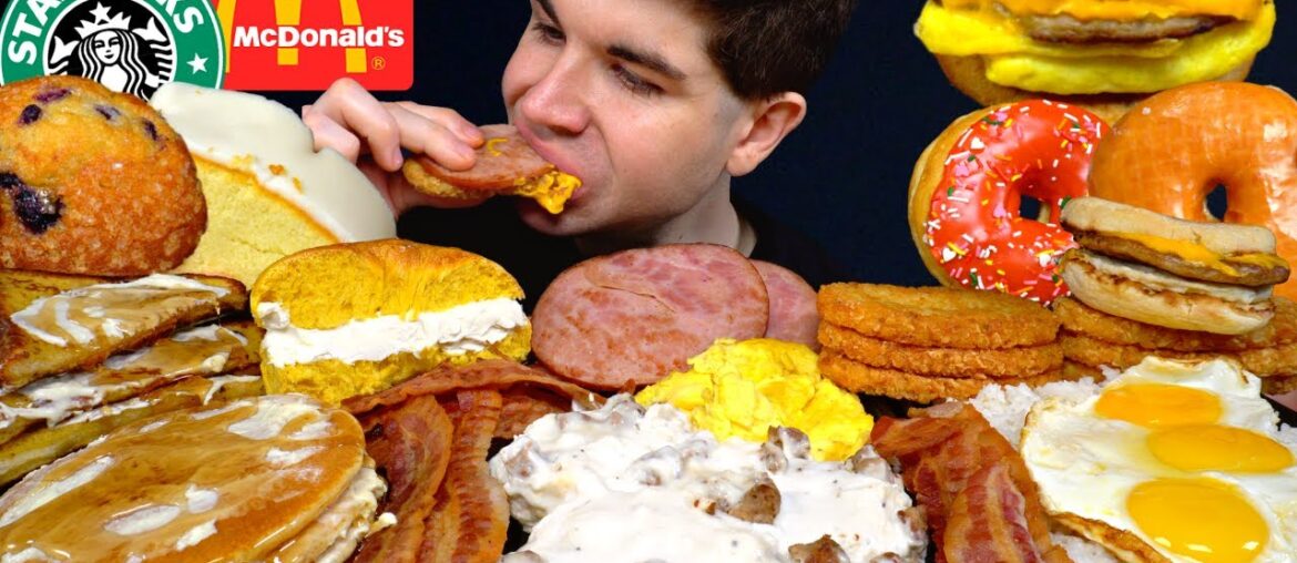 ASMR MUKBANG CHEESY HASH BROWNS BACON EGGS PANCAKES MCDONALD’S BREAKFAST + STARBUCKS & DONUTS ASMR MUKBANG CHEESY HASH BROWNS BACON EGGS PANCAKES MCDONALD’S BREAKFAST + STARBUCKS & DONUTS