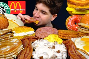 ASMR MUKBANG CHEESY HASH BROWNS BACON EGGS PANCAKES MCDONALD’S BREAKFAST + STARBUCKS & DONUTS