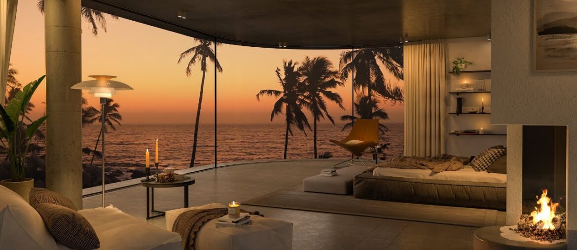 4K Cozy Bedroom in Night Coastal City | Summer Sunset Ambience with Smooth Piano Jazz Music