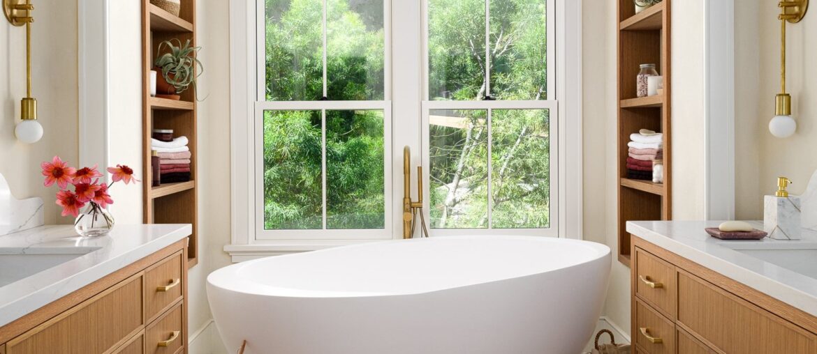 Freestanding tub in the bathtub nook of a renovated Mill Valley home, Marin County, California [1600x2000]