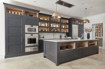 dark grey and oak kitchen with ample open shelving