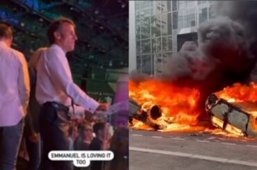 President Macron filmed dancing at Elton John gig as France burns