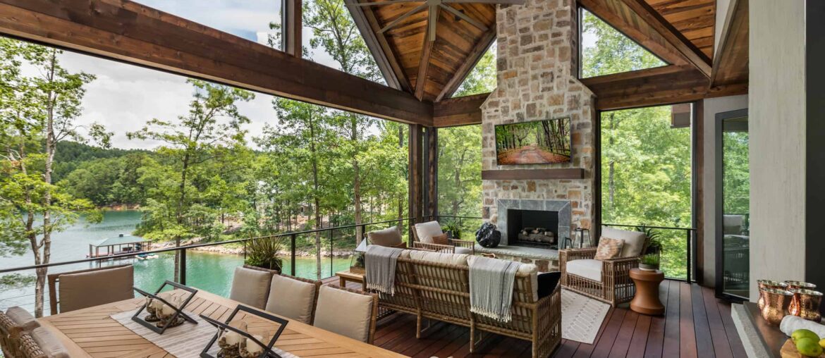 Rustic - Modern Dining and Living Room with Exposed beams and glass walled looking over lake [2400 x 1599] Lake Keowee, USA