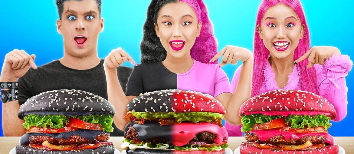 BLACK VS PINK FOOD CHALLENGE || Cooking Only 1 Color Food by GiGaZoom