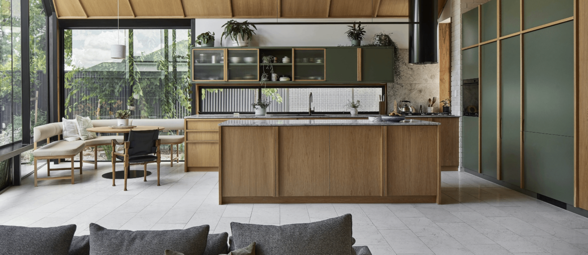 Open concept living, dining, and kitchen area with a garden view breakfast nook, Adelaide, South Australia