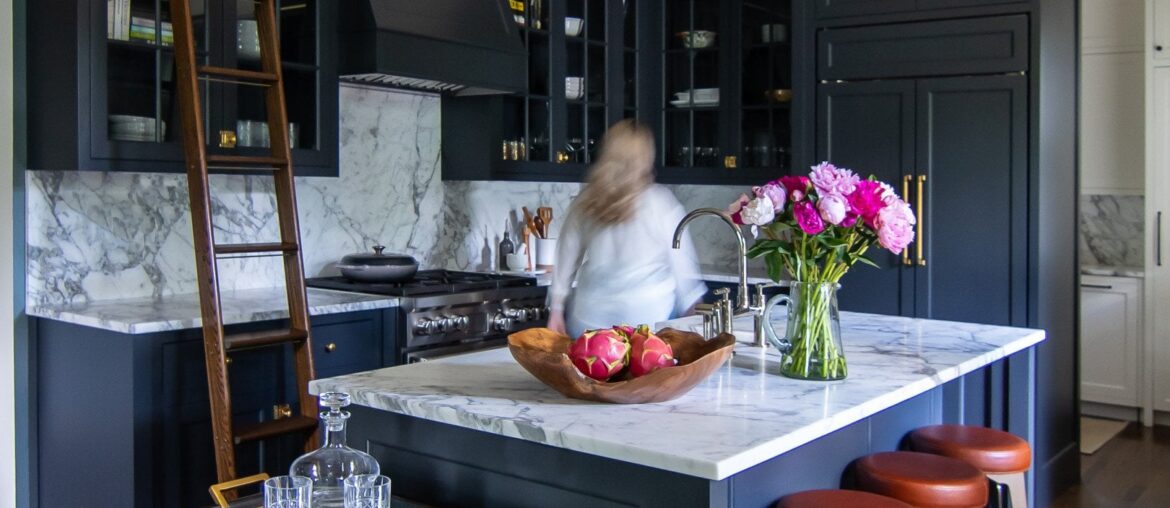 Navy blue cabinetry kitchen in a restored and renovated 1840 residence, Newton, Massachusetts [1620x2560]