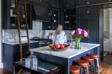Navy blue cabinetry kitchen in a restored and renovated 1840 residence, Newton, Massachusetts [1620x2560]