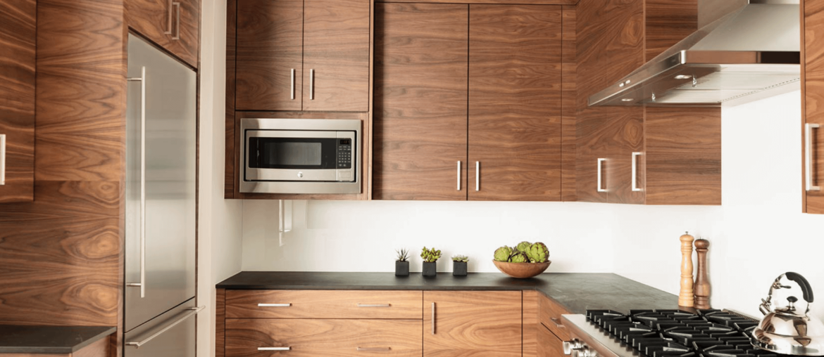 horizontal grain matched walnut cabinetry