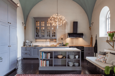 Kitchen under a vaulted ceiling in a century-old church that was converted into a residence, Norrmannebo, Kungälv Municipality, Västra Götaland County, Sweden