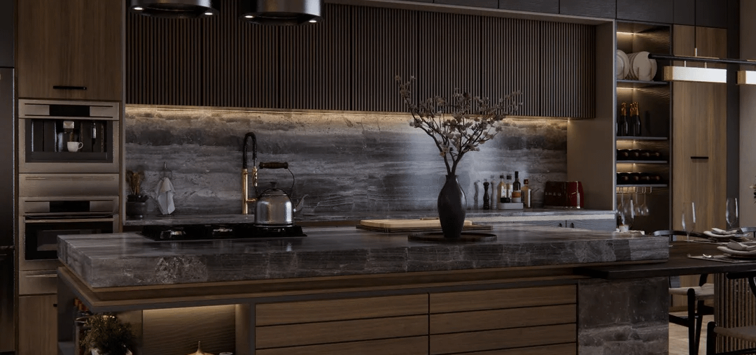 Modern Kitchen with walnut wood and dark tones for a moody feel. Design & render by u/Jemimah_Faj