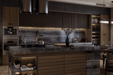 Modern Kitchen with walnut wood and dark tones for a moody feel. Design & render by u/Jemimah_Faj