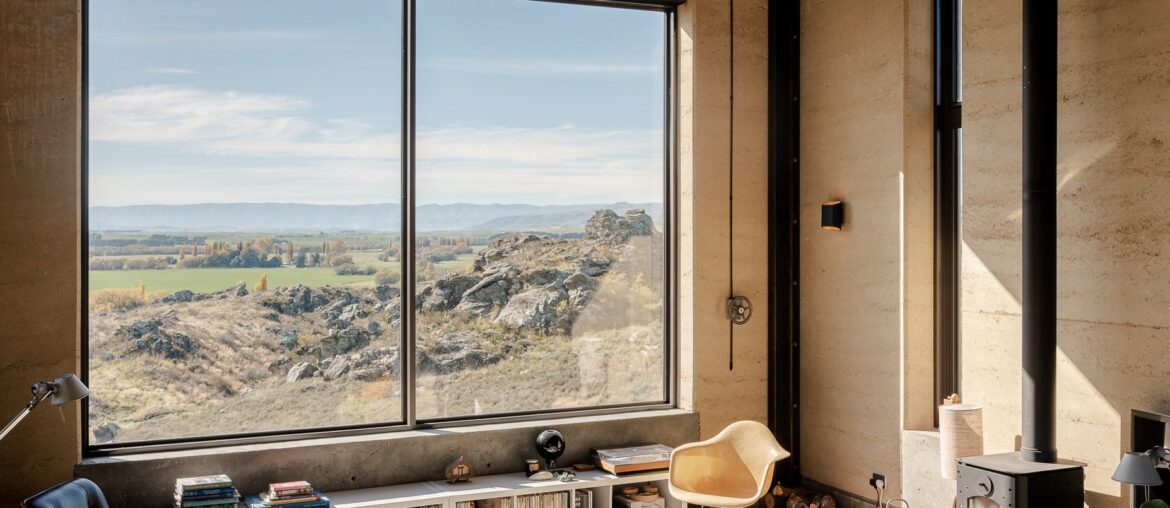 Rammed earth residence with views of the landscape, Otago, South Island, New Zealand [1855x2400]