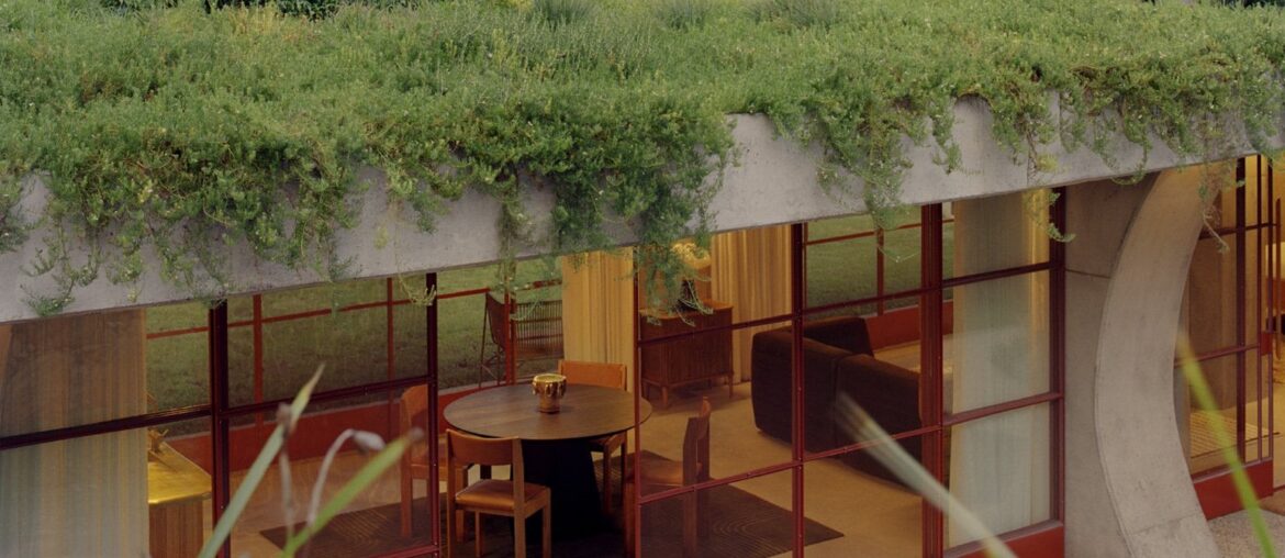 Guesthouse living spaces under a vegetated rooftop in Tintenbar, Far North Coast of New South Wales, Australia [1545x2000]