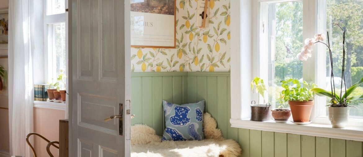 Seat next to a window in a 1926 summer house full of second-hand furniture, island of Öland, southern Sweden [1350x1800]
