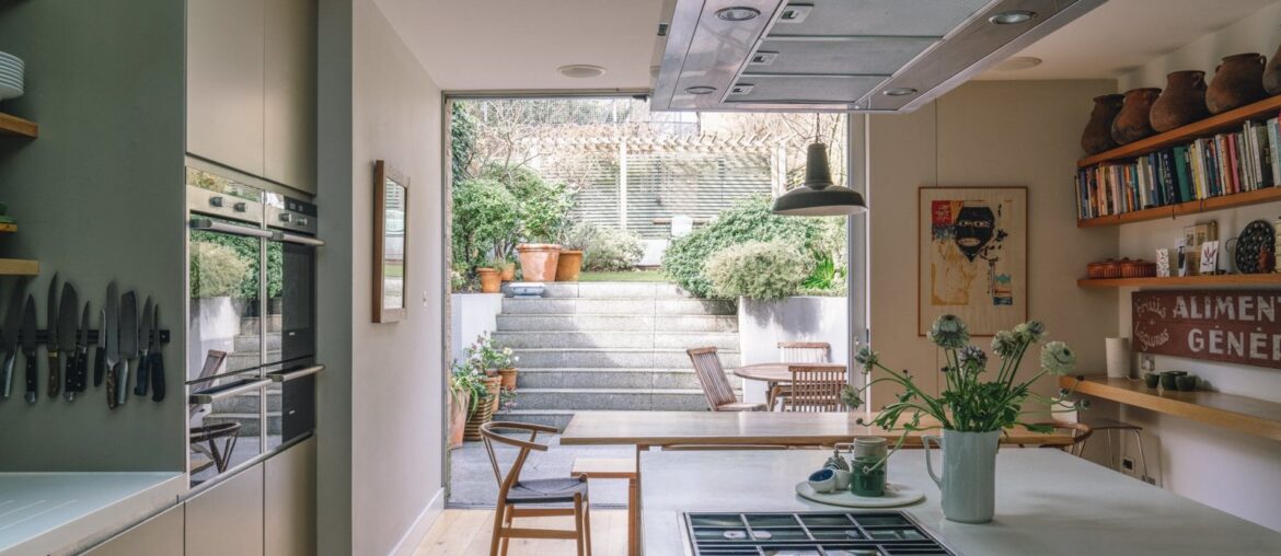 Split-level garden seen from the kitchen of a renovated Victorian house, Archway, Islington, north London, UK [1600x1067]