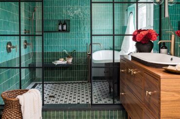 Two-tone green tiled bathroom in a renovated La Grange Park home, Cook County, Illinois [1080x1350]