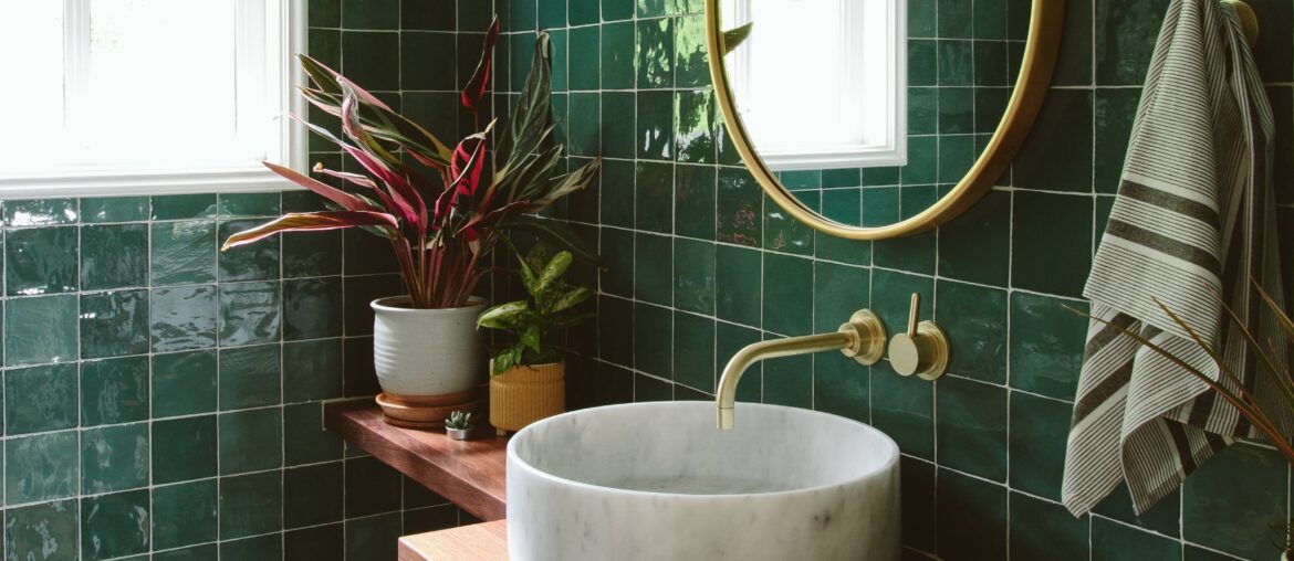 Green-tiled powder room in a renovated 1920s house, Portland, Oregon [3372x5270]