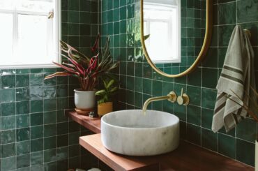 Green-tiled powder room in a renovated 1920s house, Portland, Oregon [3372x5270]