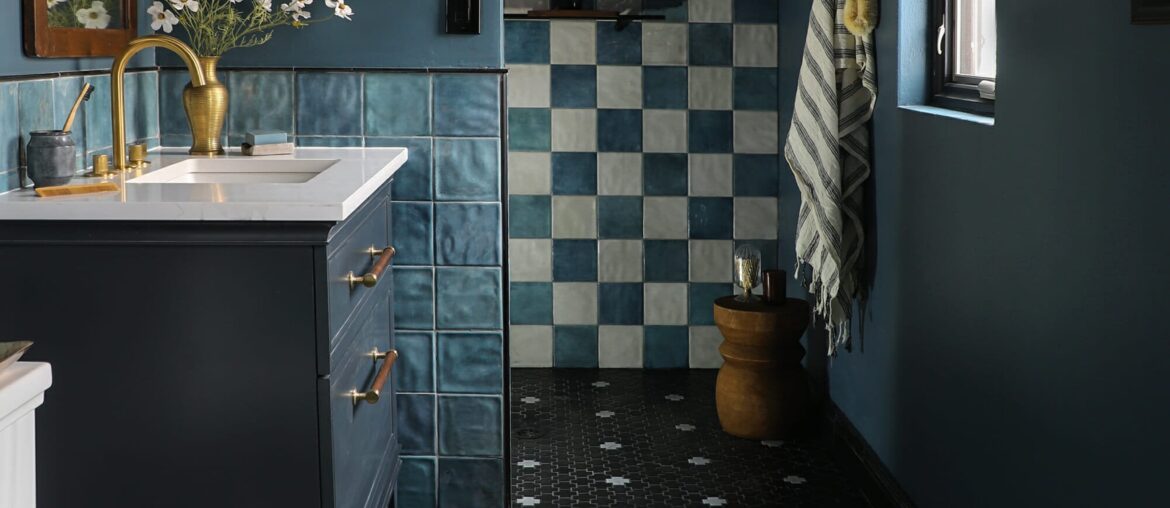 Blue bathroom renovation in a Wisconsin home [2000x2938]