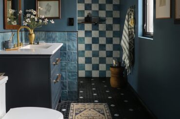 Blue bathroom renovation in a Wisconsin home [2000x2938]