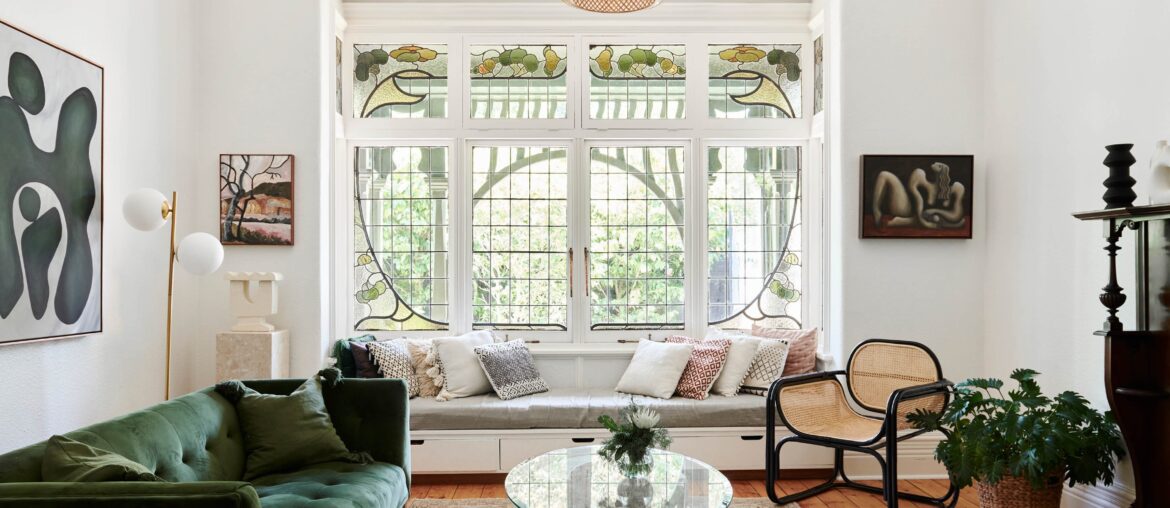 Living room with original leaded windows in an Edwardian home, Hawthorn, Melbourne, Australia [3467x1947]