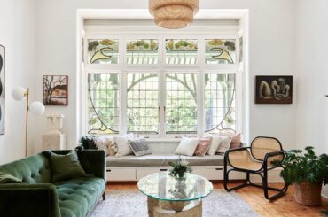 Living room with original leaded windows in an Edwardian home, Hawthorn, Melbourne, Australia [3467x1947]