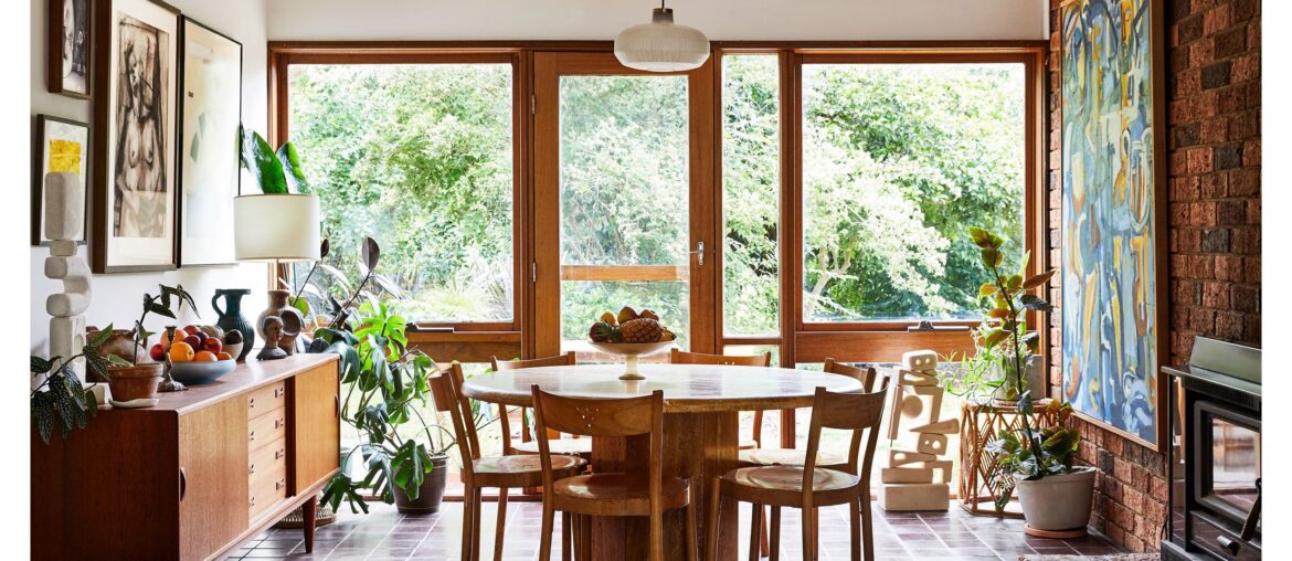 Timber and brick in the dining space of a renovated 80s home, Macedon Ranges, Central Victoria, Australia [2600x1460]