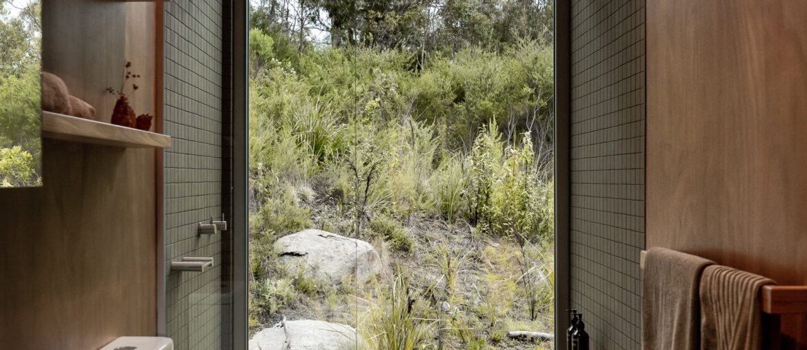 Shower full of natural light in a holiday house surrounded by nature, Bay of Fires, northeastern coast of Tasmania, Australia [1653x2133]