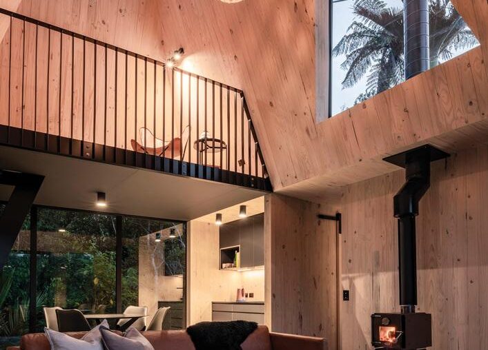 Living Dining and Kitchen in 46 sqm Cabin [707 x 1000] Punakaiki, New Zealand