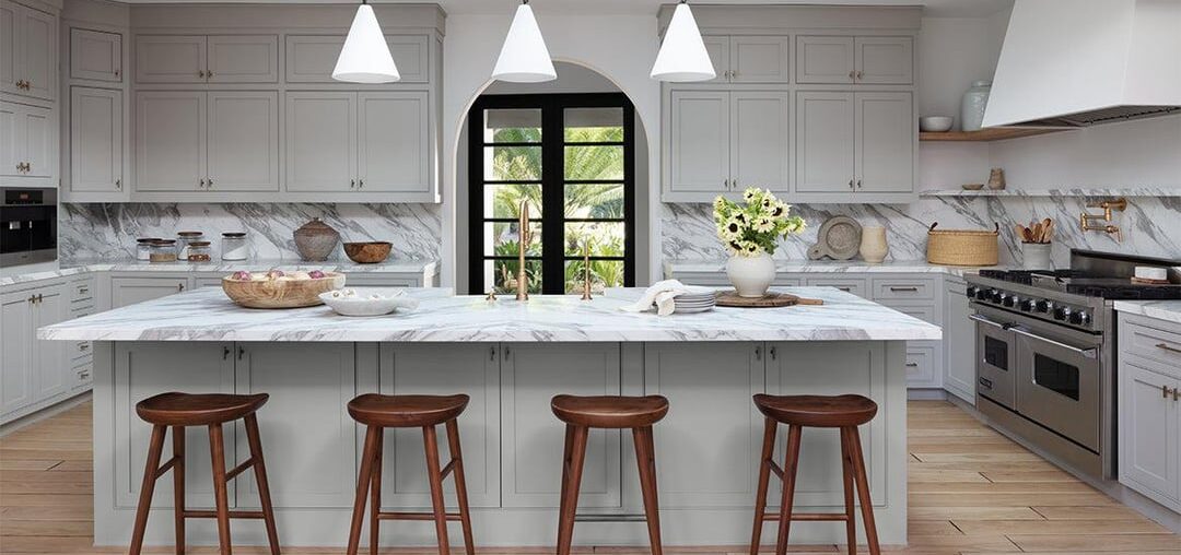 Design render of a kitchen with marble backsplash under a skylight by STUDIO LIFE/STYE Los Angeles