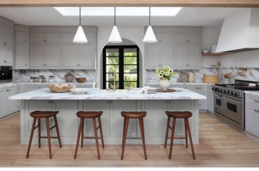 Design render of a kitchen with marble backsplash under a skylight by STUDIO LIFE/STYE Los Angeles