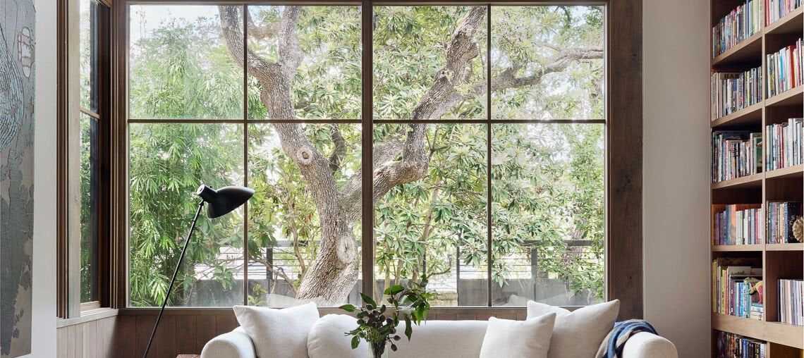 Home library with garden views in a residence next to Zilker Park, Austin, Texas [1140x1500]