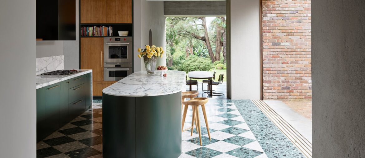 Checkerboard patterned floor kitchen opening up to the courtyard, Castlecrag, North Shore of Sydney, Australia [4320x3240]