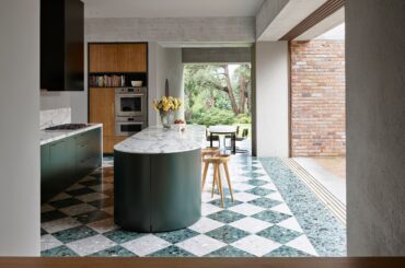 Checkerboard patterned floor kitchen opening up to the courtyard, Castlecrag, North Shore of Sydney, Australia [4320x3240]