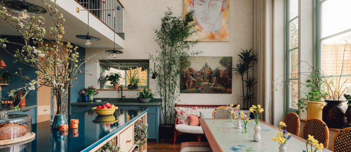 Kitchen under a mezzanine and a dining space in a renovated 1930s house, southwest London, UK [2450x1378]