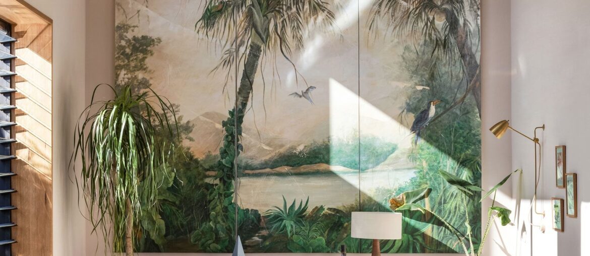 Living space with tall ceilings in a converted barn residence, Newrybar near the beachside town of Byron Bay, New South Wales, Australia [1600x2399]