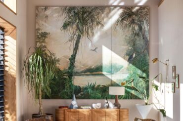 Living space with tall ceilings in a converted barn residence, Newrybar near the beachside town of Byron Bay, New South Wales, Australia [1600x2399]